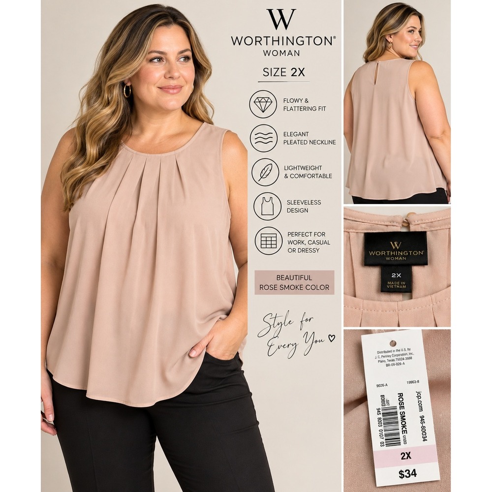 Worthington Woman Rose Smoke Pleated Neckline Sleeveless Blouse 2X New
